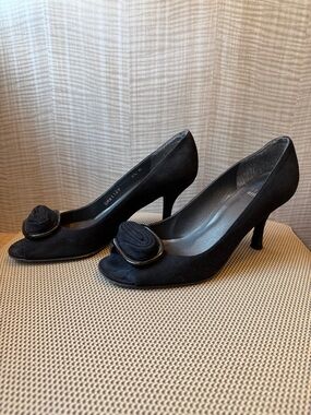 Stuart Weitzman Black Suede Peep-Toe Heels with Rosette